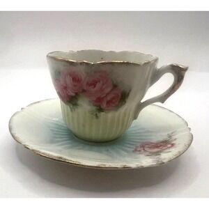 Antique RS Prussia Demitasse Cup Saucer Pink Roses Gold Trim Floral Porcelain